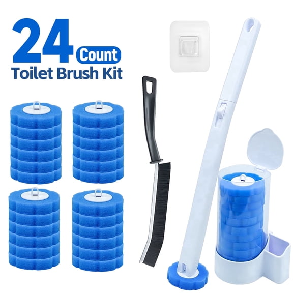 Disposable Toilet Bowl Brush with 24 High-Performance Refills, Toilet Cleaning System Starter Kit, Wall Mounted Brush and Holder for Deep Cleaning Bathroom (1Brush 24 Refills)