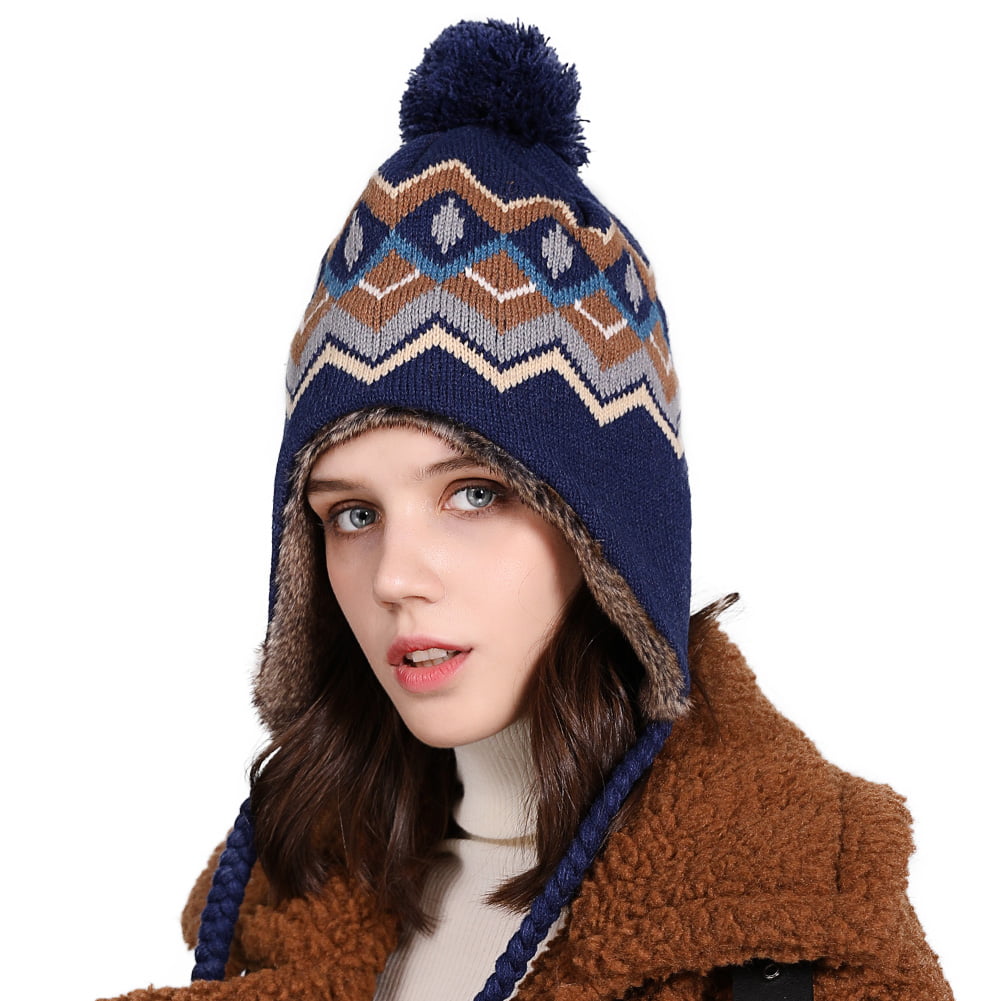Jeff & Aimy Womens Wool Knit Peruvian Beanie Winter Hat Earflap 