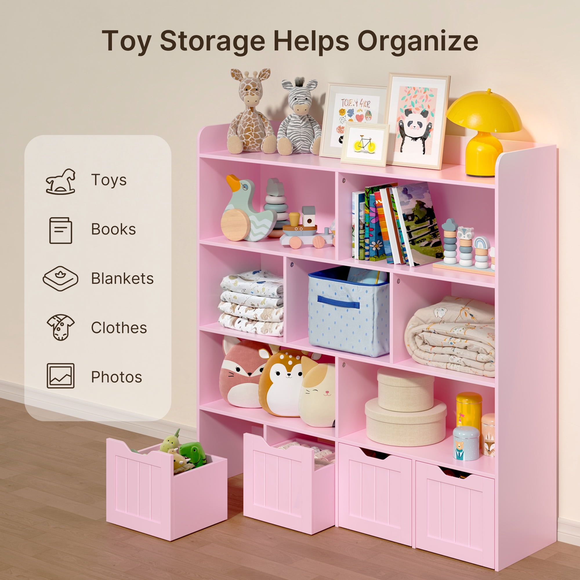 Noelse Toy Storage Cabinet and Kids Bookcase with 4 Movable Drawers and 8 Open Shelves Toy Chest Shelf Organizer with Hidden Wheels for Playroom Nursery Kids Room, Pink