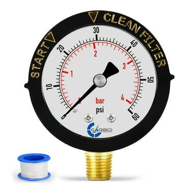 Pool Filter Pressure Gauge, CARBO INSTRUMENTS, Clean Filter Indicator for Swimming Pool Filter, Spa, Aquarium, 0-60 psi, 1/4" NPT Brass Lower Connection, Adjustable Ring to Suit Most Filter Types