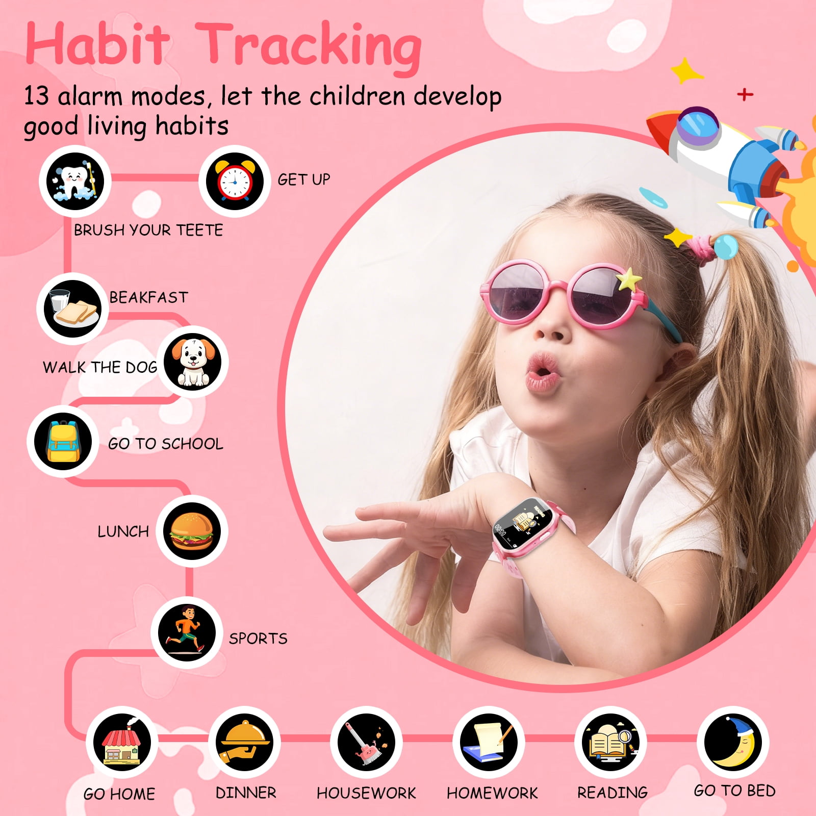 Kids Smart Watch for Boys Girls, 1.83"HD Smartwatch for Kids with Habit Tracker, 26 Games, Video Camera Music Player Pedometer Alarm Clock, Waterproof Smartwatches, Boys Girls Birthday Gift Pink