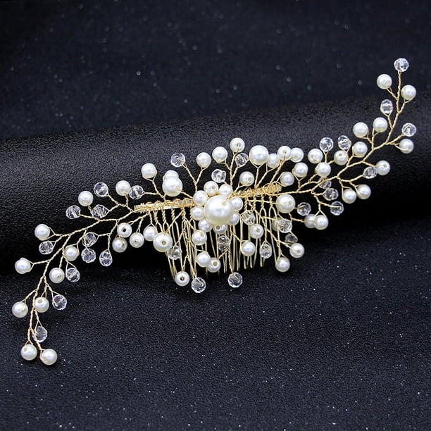 Nvzi Horquillas para el pelo de boda con flores para novias, peinetas con perlas de cristal, pinzas para el pelo, tocado, accesorios para el pelo de boda dorados, joyas - doradas