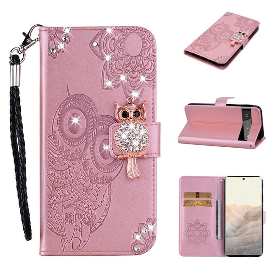 Wallet Case For Google Pixel 7, Embossed Owl Bling Diamond Premium PU Leather [Folio Flip][Kickstand][Card Slots][Wrist Strap][Kickstand]Phone Cover For Google Pixel 7, Rosegold