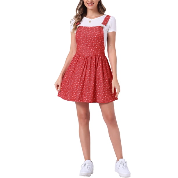 Vestido mini overall lindo para mujer con tirantes ajustables en rojo con flores
