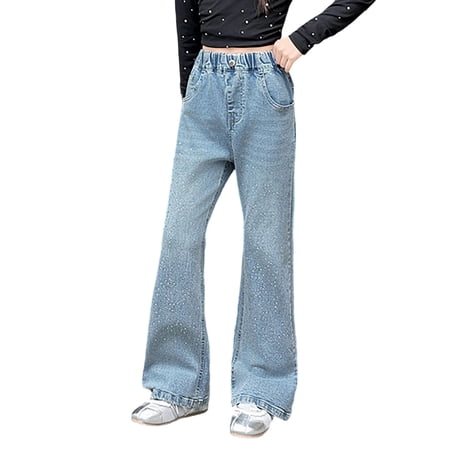 OSOLU Children Girls Jeans Baggy Flared Cargo Pants Elastic Waist Multiple Pockets Denim Bottoms Daily Wear Vibrant Holiday Trousers