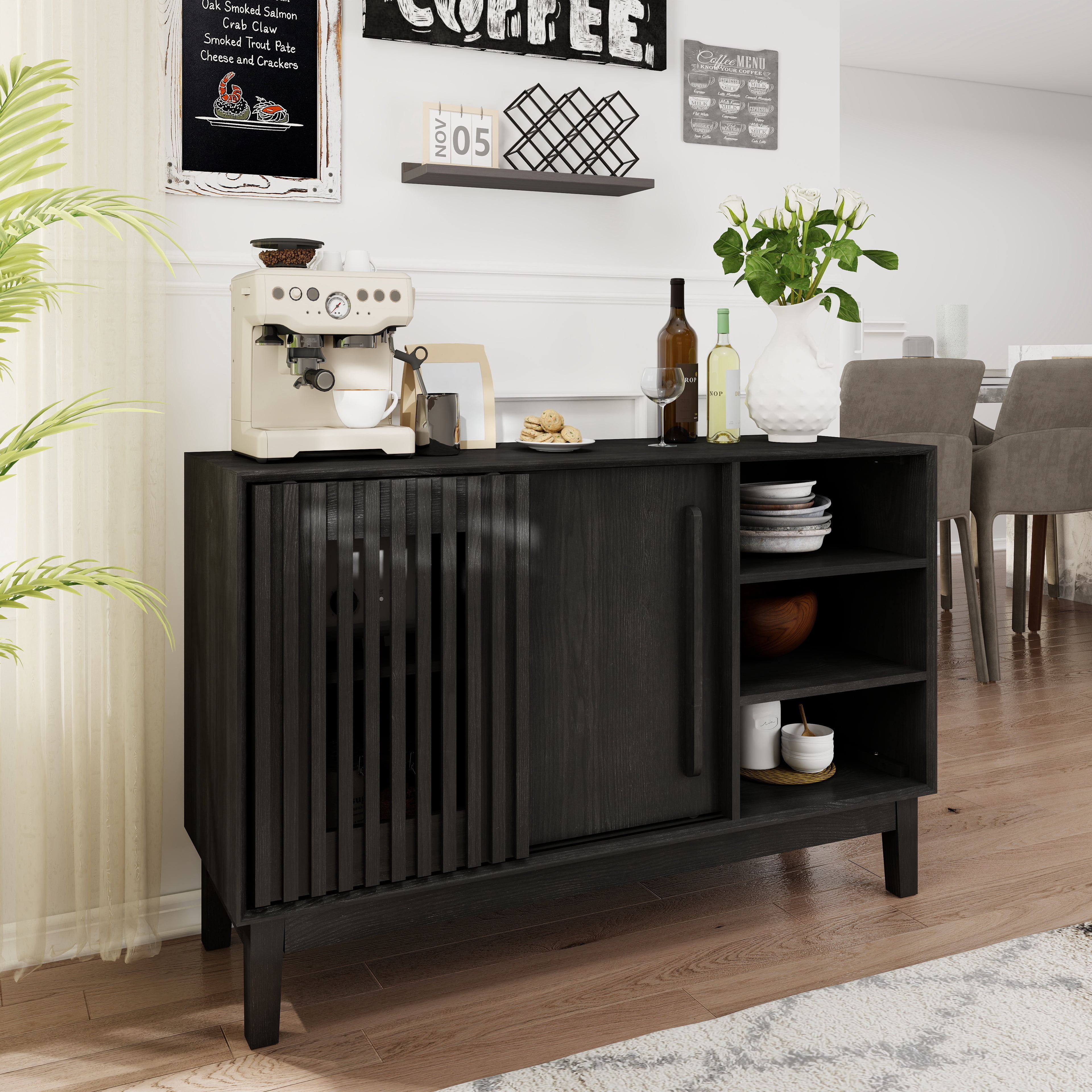 47.3" Sideboard Buffet Cabinet with Storage, Farmhouse Fluted Sideboard with 2 Doors & Solid Wood Feet, TV Media Console, Storage Cabinet for Kitchen Dining Living Room Entryway Hallway, Black