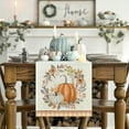 thumbnail image 4 of Smile Orange Pumpkin Wreath Floral Buffalo Plaid Fall Table Runner, Seasonal Fall Kitchen Dining Table Decoration for Home Party Decor 13x72 Inch, 4 of 7