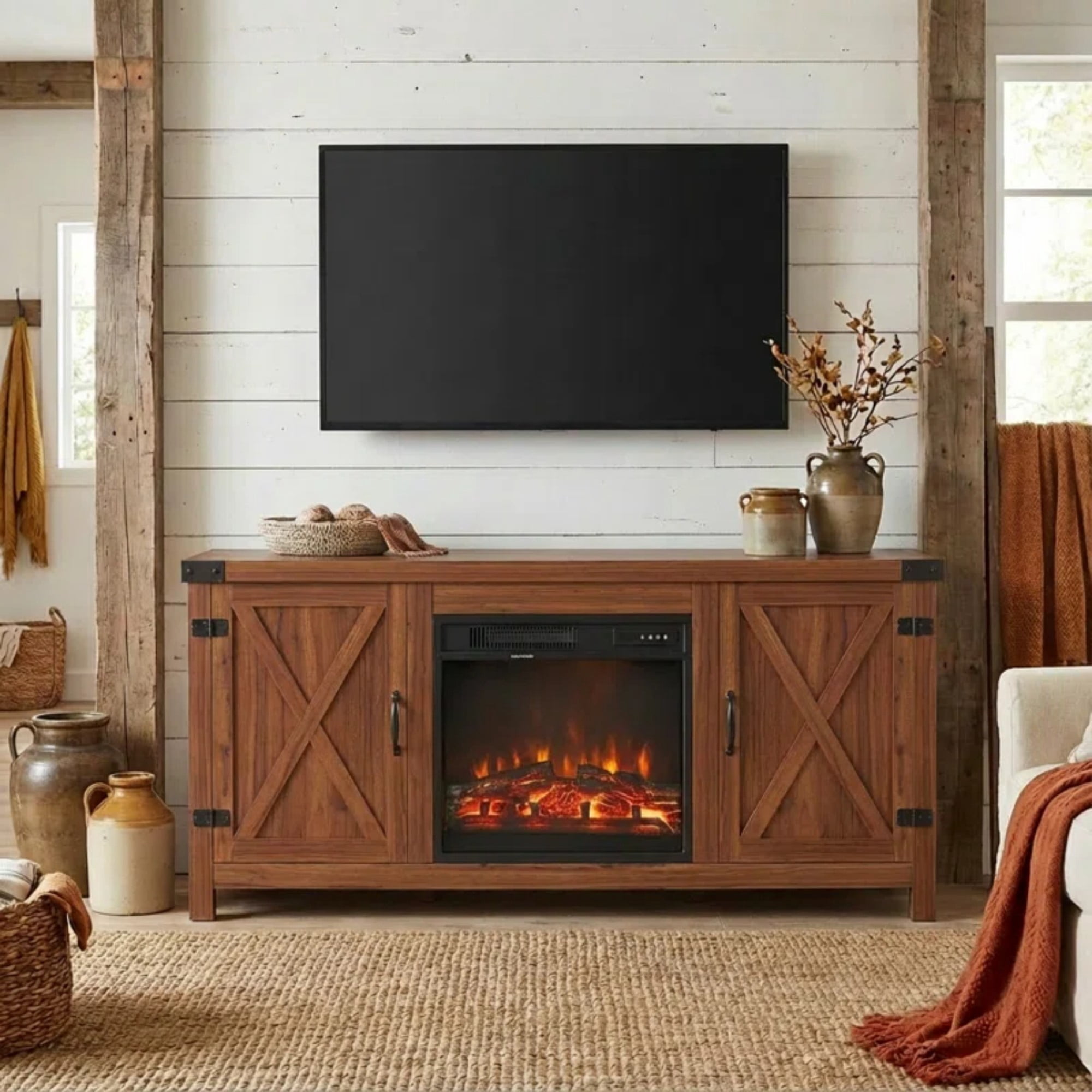Homall Modern Farmhouse TV Stand Double Barn Door Fireplace TV Stand for TVs up to 65 inch,Rustic Brown