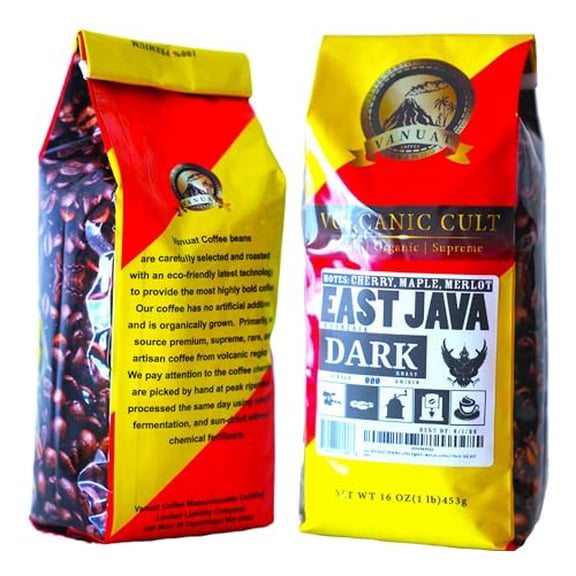 DARK ROAST, Whole Bean Coffee, Organic Fresh Artiżan Premium Beans, Volcanic Cult Vanuat LLC COLLECTION (1 Pound, 16OZ, EAST JAVA)