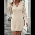 thumbnail image 6 of Women'S Mini Fitted Crochet Hollow-Out Sweater Sexy- Dress Dressy Casual Long Sleeve V Neck Knit Dresses Beige S, 6 of 8