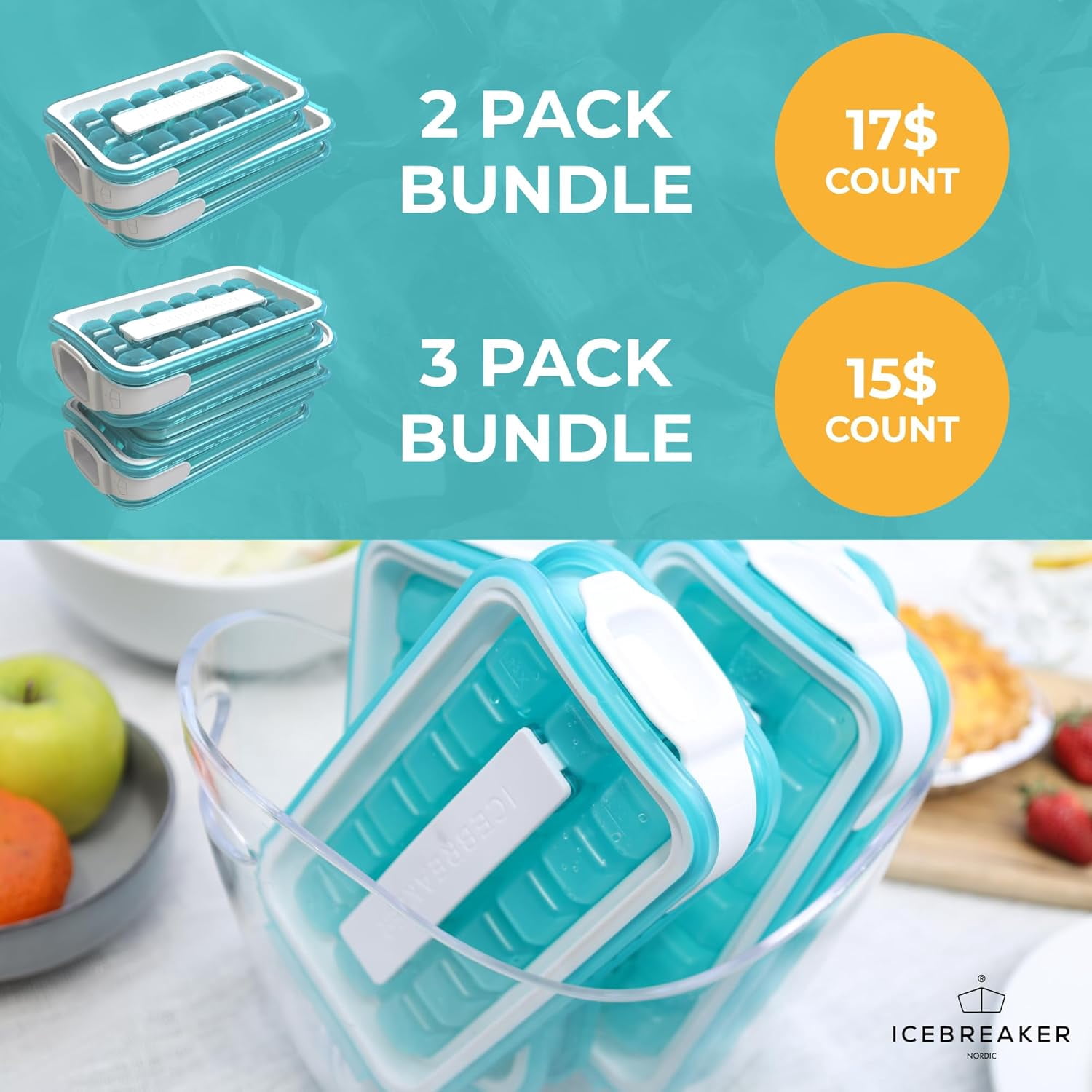 2.0 Ice Cube Tray with Lid - 18 Cubes Per Unit, Sanitary Silicone Freezer Molds, Space Saving Design,  & Dishwasher Safe