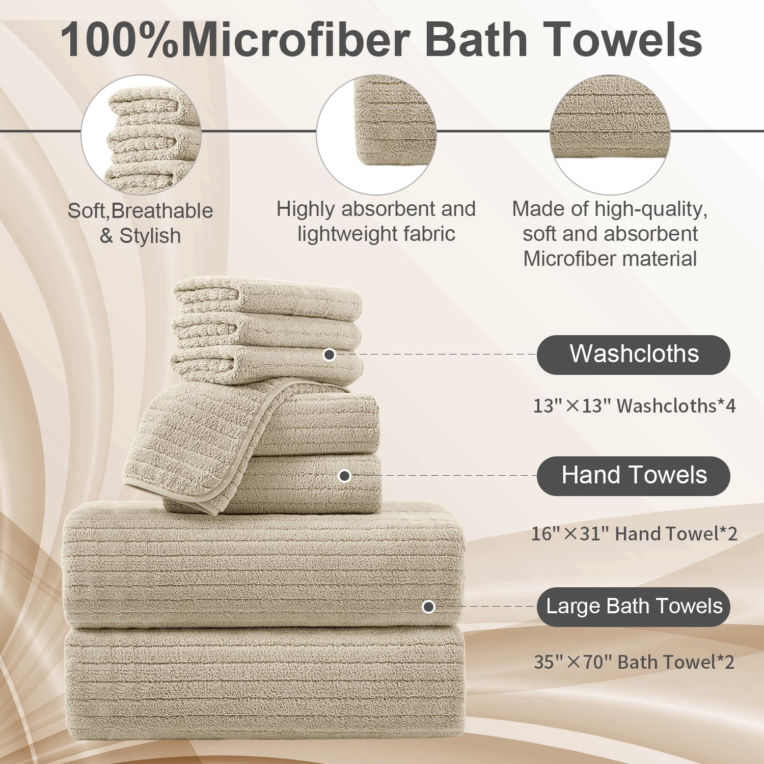 Covina Home 8 Piece Camel Bath Towel Set Microfiber Bathroom Towel Set Ultra Soft Plush Oversized Towels Adult Luxury Bath Sheet