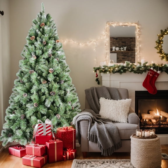 Resenkos 5ft Pre-Lit Christmas Tree with 200 Warm White LEDs & Pine Cone Decor, Green