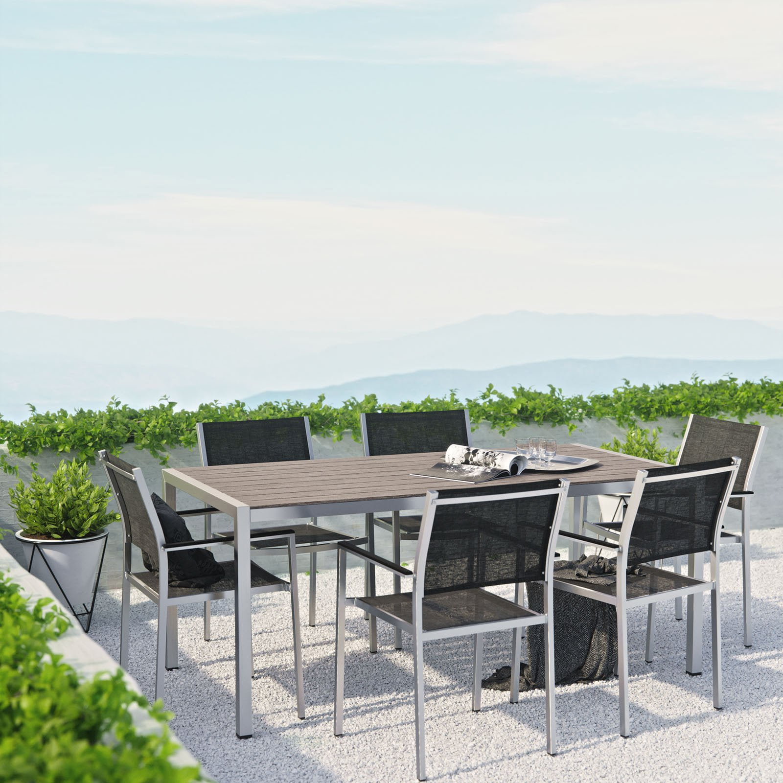 Modway Shore 7 Piece Outdoor Patio Aluminum Dining Set in Silver Black
