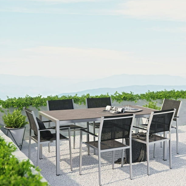 Modway Shore 7 Piece Outdoor Patio Aluminum Dining Set in Silver Black