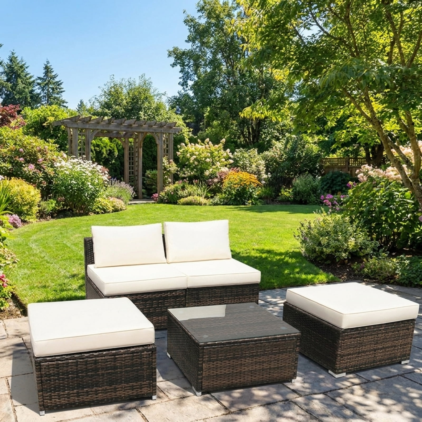 Biotree Patio Furniture Set 5 Piece Rattan outdoor sectional with cushioned armless sofa ottoman and coffee table outdoor conversation set for garden backyard porch, White