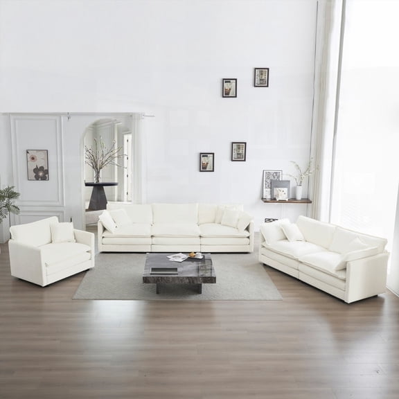 White Chenille Sofa Set - 3 Seat, Loveseat and Single Sofa, Extra Deep and Oversized