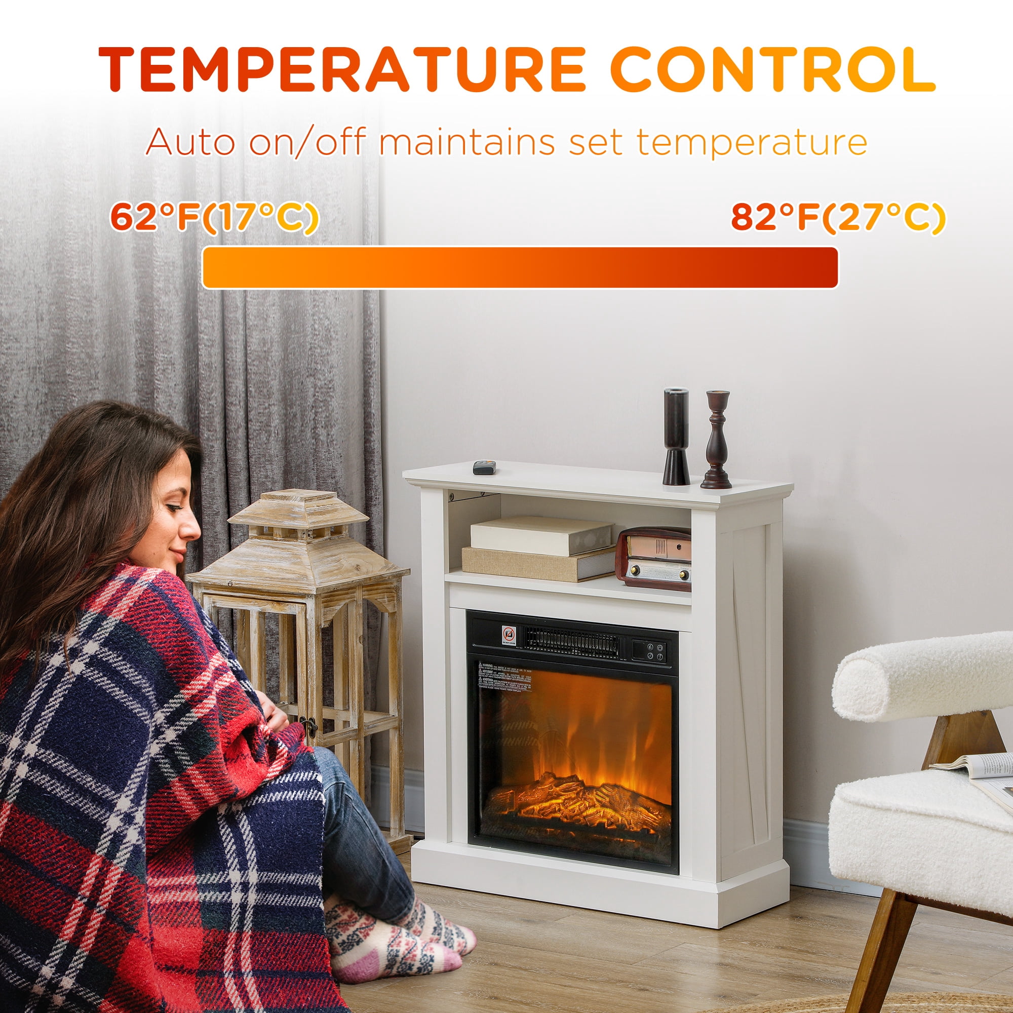26" Electric Fireplace with Mantel, Modern Console Table with Heater and Remote Control, Indoor Small Freestanding Fireplace, Tabletop Fireplace for Living Room, Bedroom