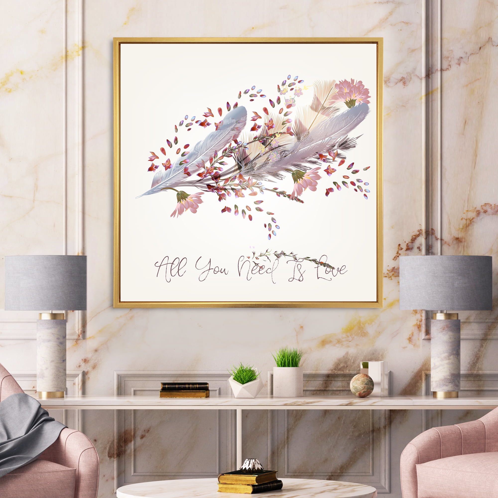 Designart 'Pink Feathers and Flowers All You Need Is Love' Bohemian & Eclectic Framed Canvas Wall Art Print