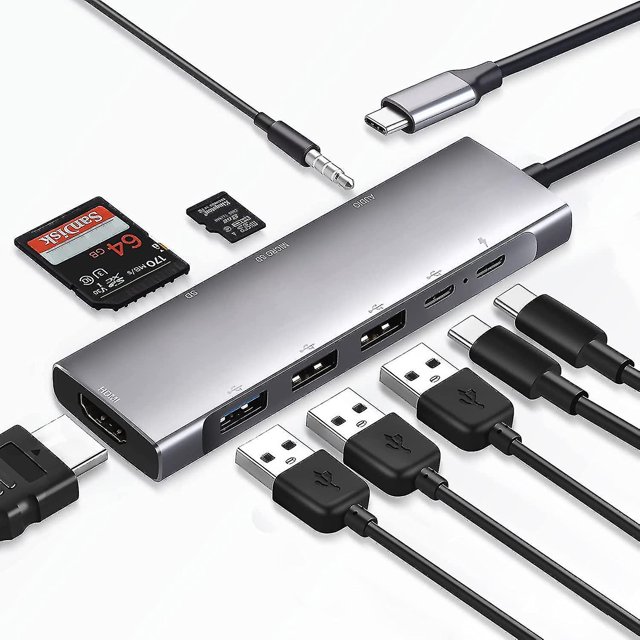 Adaptador multipuerto USB C Hub 9 en 1 Estación de acoplamiento Adaptador USB C a HDMI 4K con 3 USB 3.0, audio, lector de tarjetas TF/SD