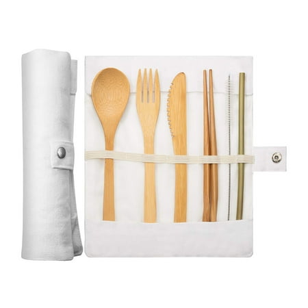 

Dusknt Clearance! Kitchen Suction Tubes Cutlery with Straw Bamboo Knife Fork Spoon Set Canvas Cutlery Seven-Piece Set White Straw 1 Set of Tableware