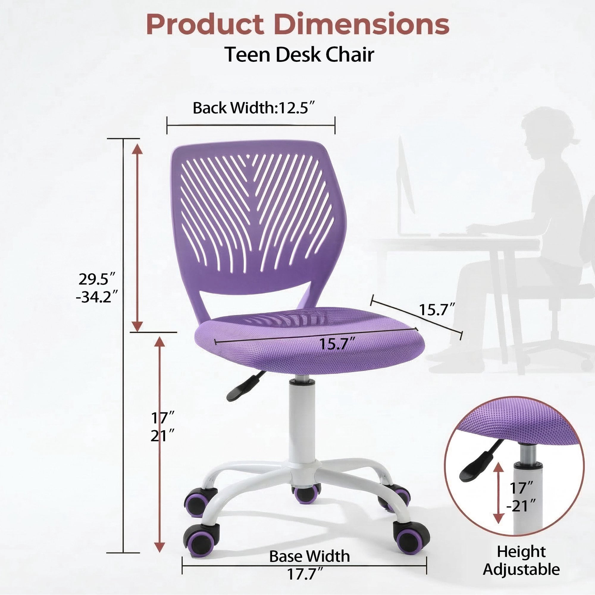 Homy Casa Teen Desk Chair with Mesh Back, Adjustable Swivel Cute Vanity Chair,Purple