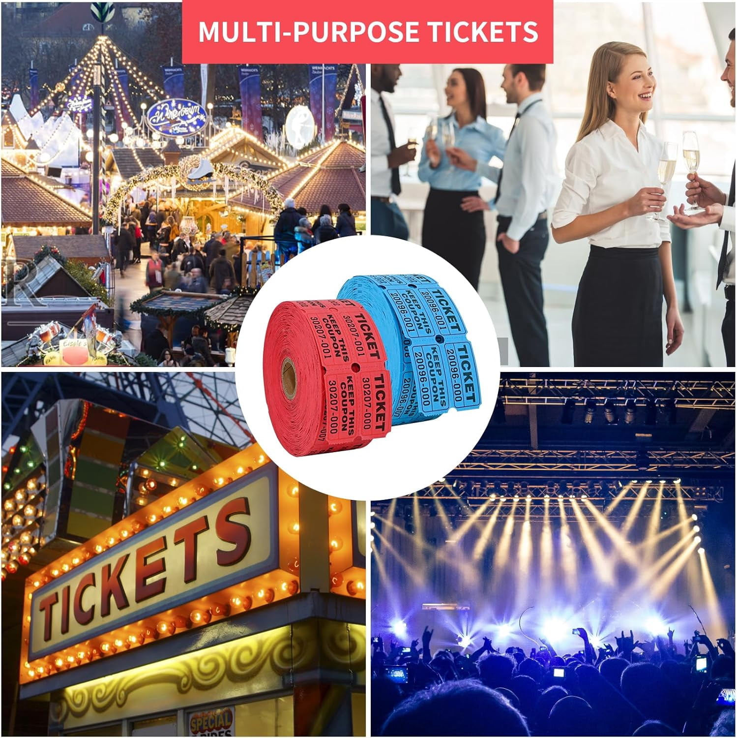 2000 Raffle Tickets Double Rolls 50/50 Stub Tickets with Consecutive Numbers 1000 Pairs per Roll,2 Rolls-Blue,Red