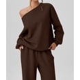 thumbnail image 4 of Women'S 2 Piece Outfits Off the Shoulder Crop Top Wide Leg Sweatpants Matching Lounge Sets Brown XL, 4 of 8
