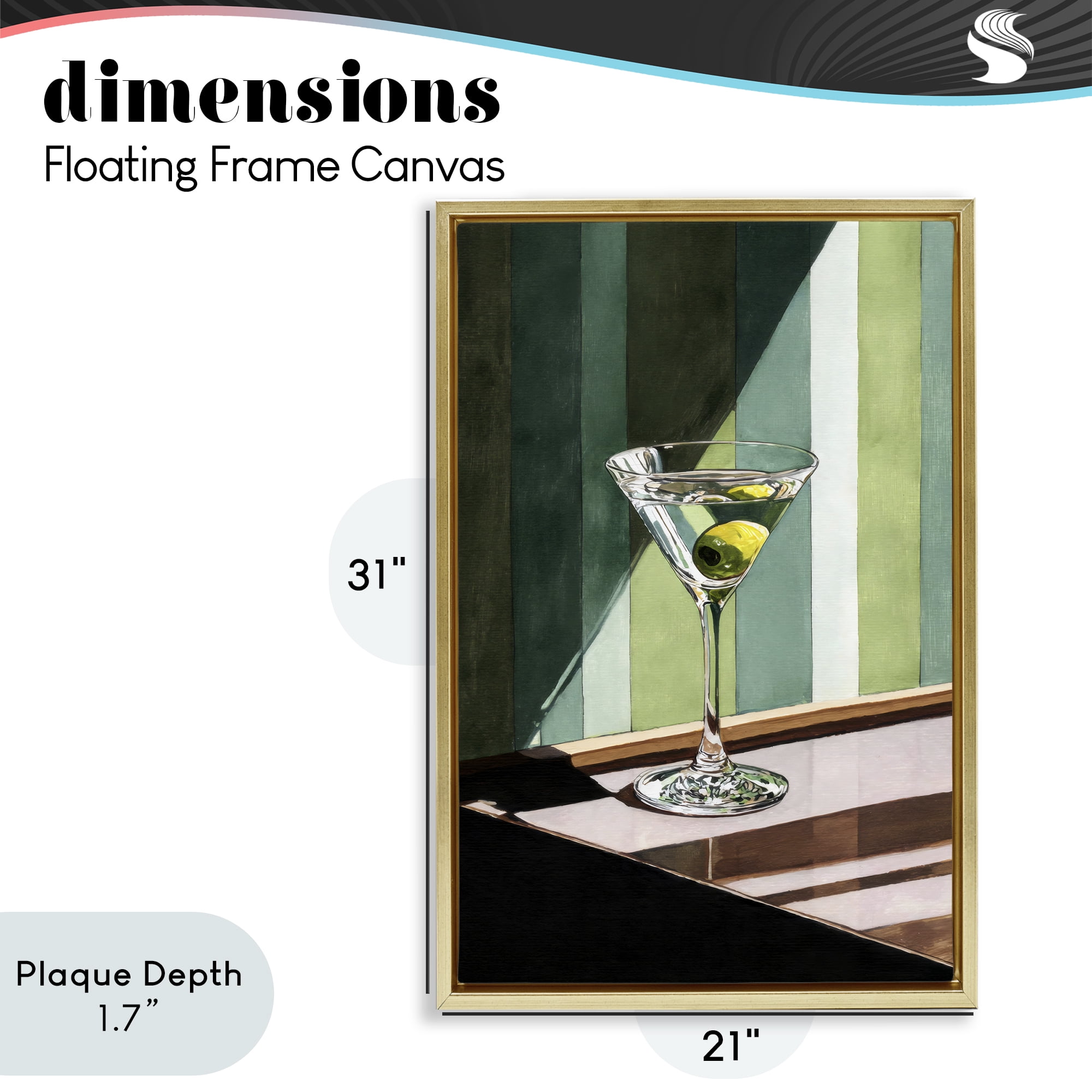Stupell Industries Olive Martini in Sun Beam Gold Framed Floater Canvas Wall Art, design by Petal Prints Design