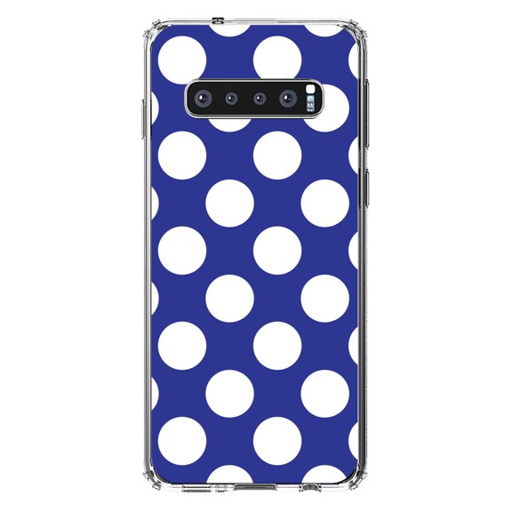 DistinctInk Clear Shockproof Hybrid Case for Samsung Galaxy S10 (6.1" Screen) - TPU Bumper, Acrylic Back, Tempered Glass Screen Protector - White & Dark Blue Polka Dots
