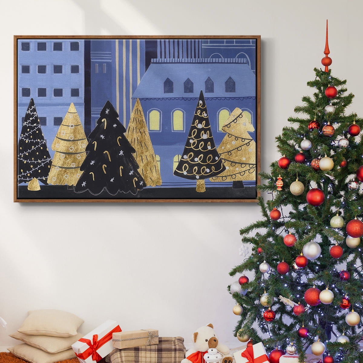 Holiday Night Collection A - Framed Gallery Wrapped Holiday Canvas - 25 x 37 - Rosewood Frame