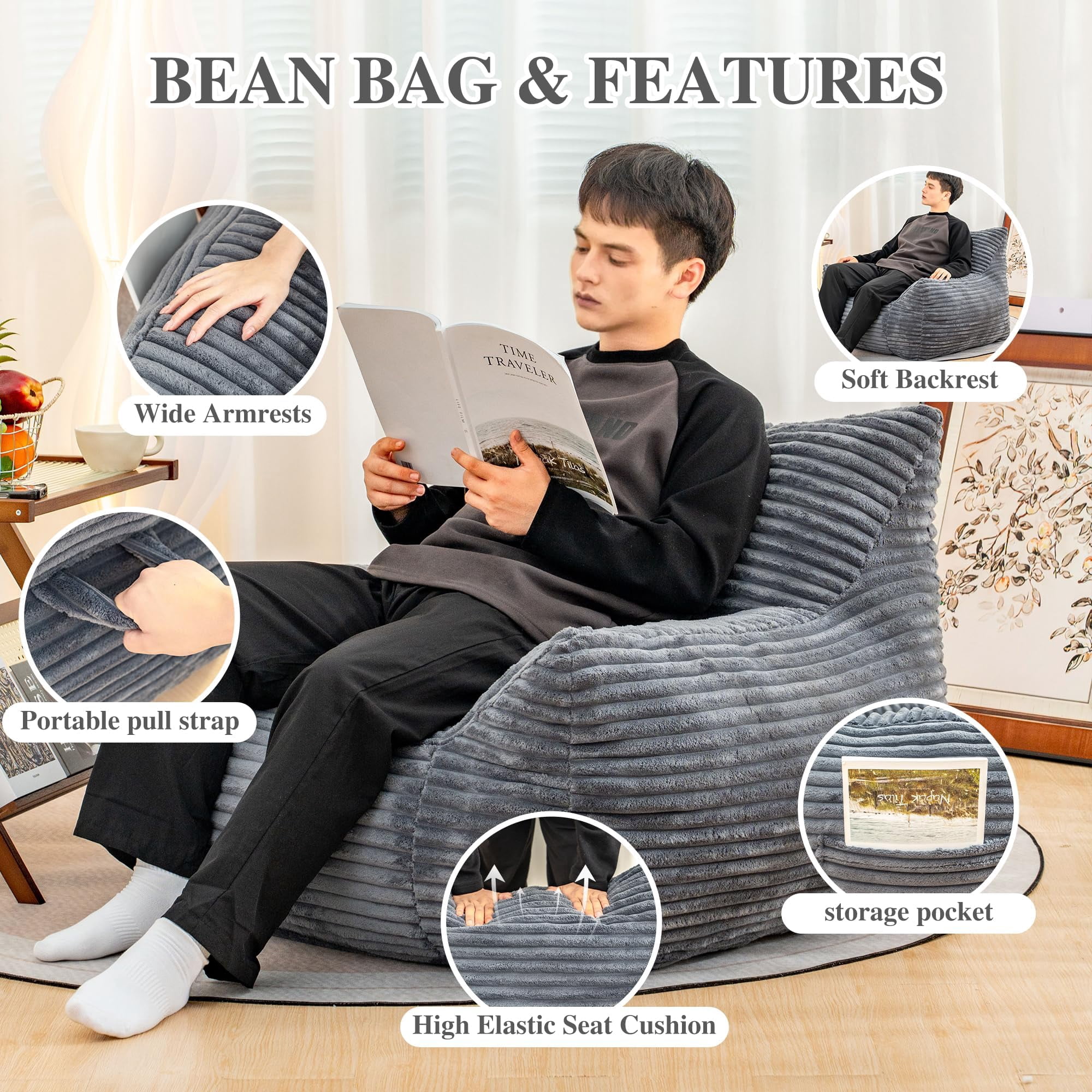 JESTOP Bean Bag Chair for Adults with Armrests, Lazy Floor Sofa Cozy Single Cloud Mini Couch, Corduroy Reading Chair for Living Room Bedroom
