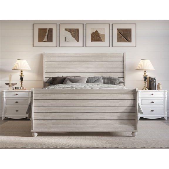 Home Design Miles Full Bed Frame with Wood Grain Headboard and Bun Feet, White Oak, Easy assembly