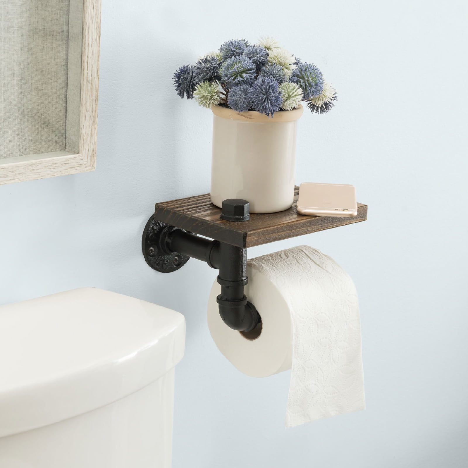Kitchen Washroom Industrial Toilet Paper Holder Wall Mounted Tissue Roll Hanger with Rustic Wooden Shelf Cast Iron Black Pipe Hardware for Bathroom 