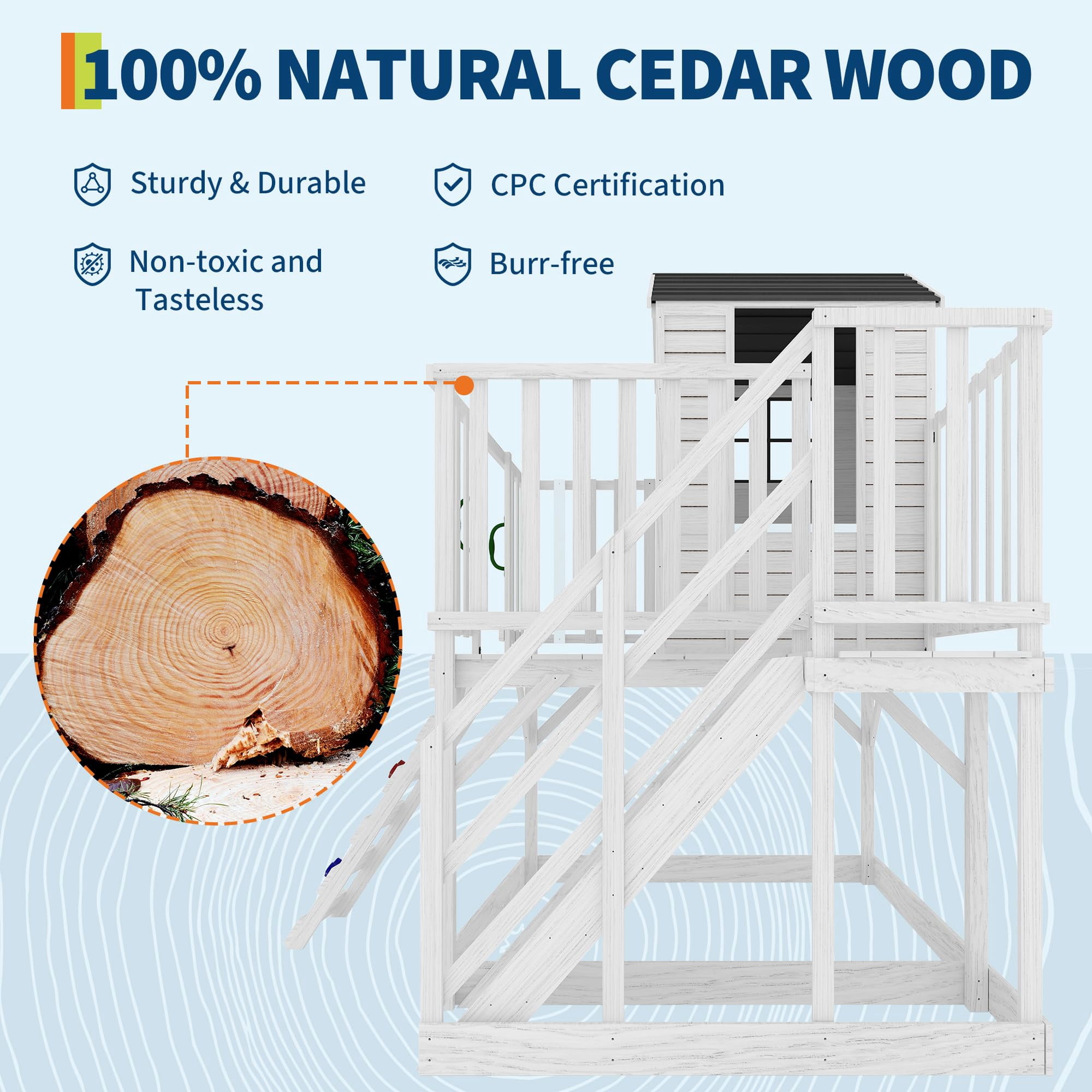 Danolapsi Kids Outdoor Playhouse with Climbing Wall, 2 Story Wooden Playhouse with Sandbox, Elevated Cedar Wooden Kids Playhouse with Step Ladder(ship in 3 boxes)