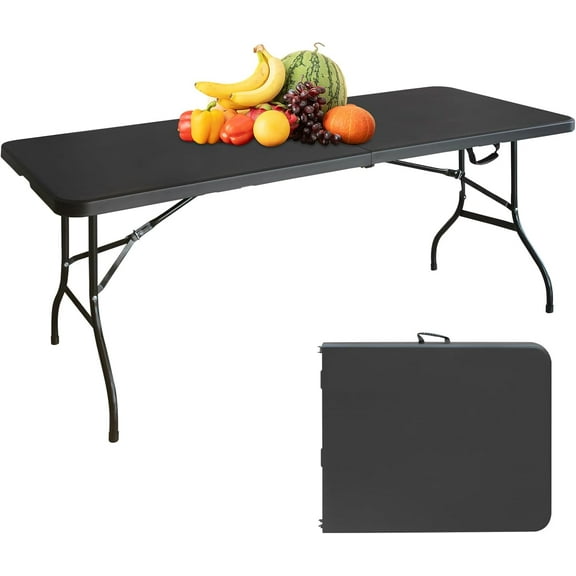 Portable 6Ft Plastic Folding Table, Heavy Duty 6ft Fold-in-Half Table with Carrying Handle, 6' Folding Utility Foldable Table for Picnic Party Camping Kitchen, Indoor/Outdoor (Black)