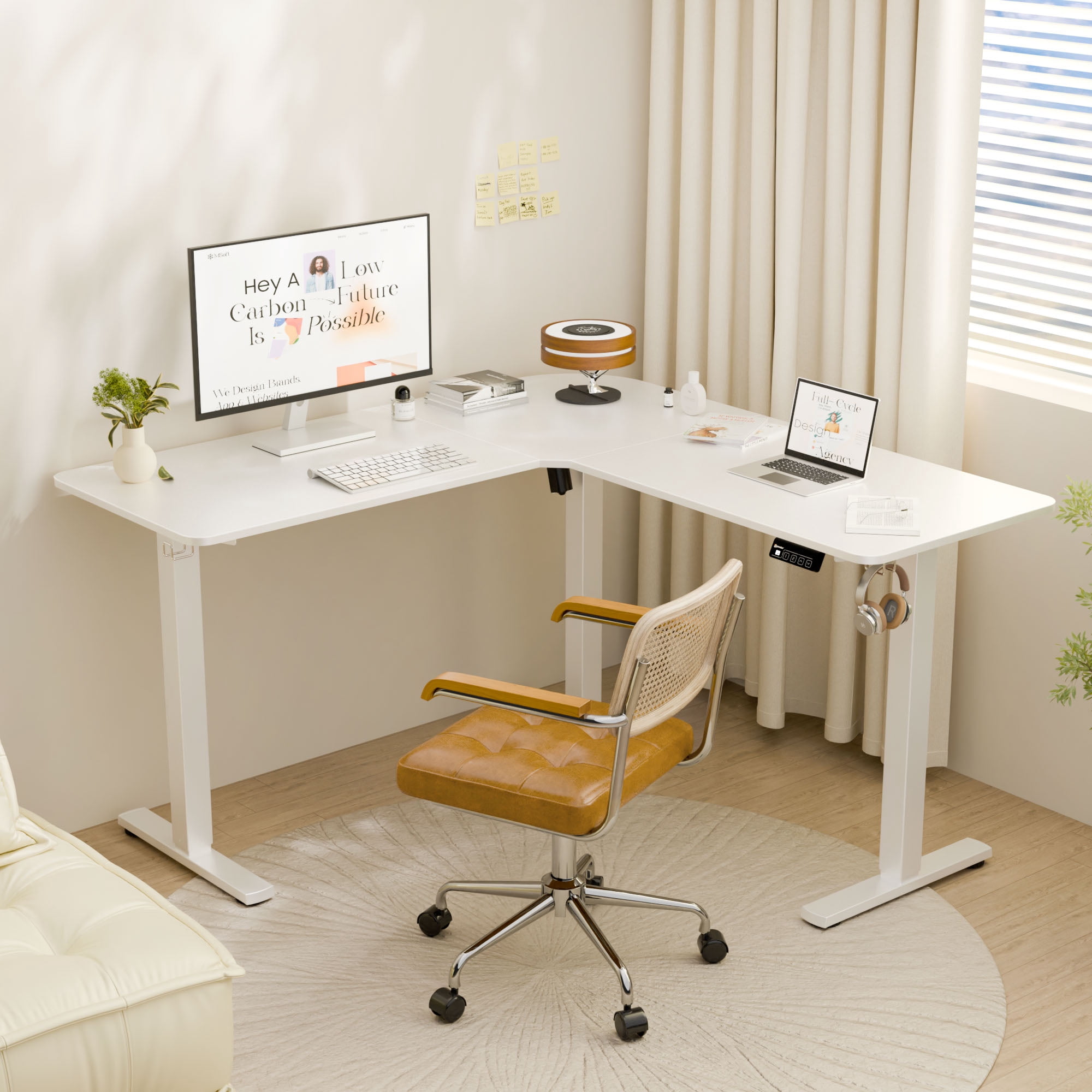 Ergomaker  L-Shaped Electric  Standing Desk  50.8 x 50.8 inches Height Adjustable Corner White Table  for Adult
