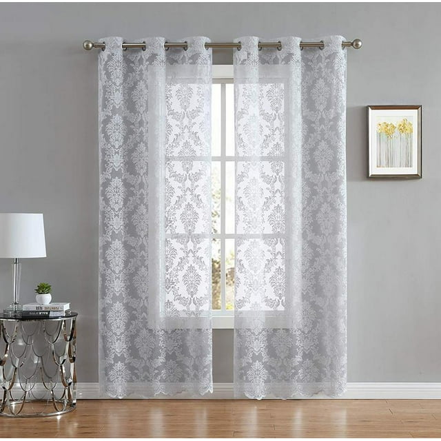 Lisa Knitted Lace Curtain Medallion Design with Scalloped Bottom (38" W x 84" L, Silver)
