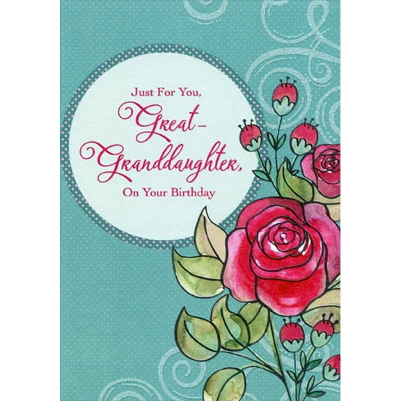 Designer Greetings Large Red Rose on Blue Polka Dot Background Birthday Card for Great-Granddaughter