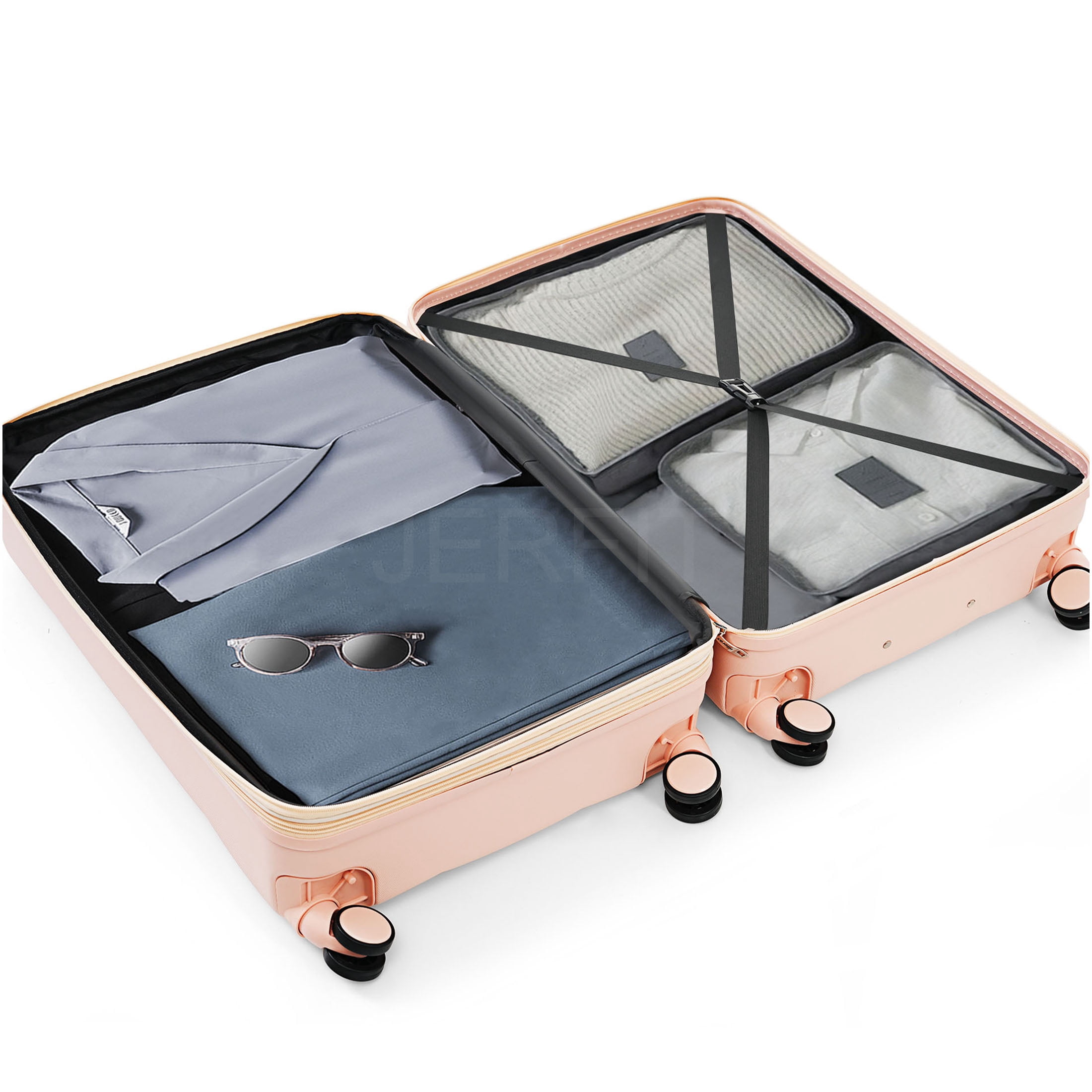 JERFIT 3-Piece Pink ABS Hard Shell Spinner Luggage Set with Cup Holder, TSA Lock & Scratch-Resistant Textured Finish