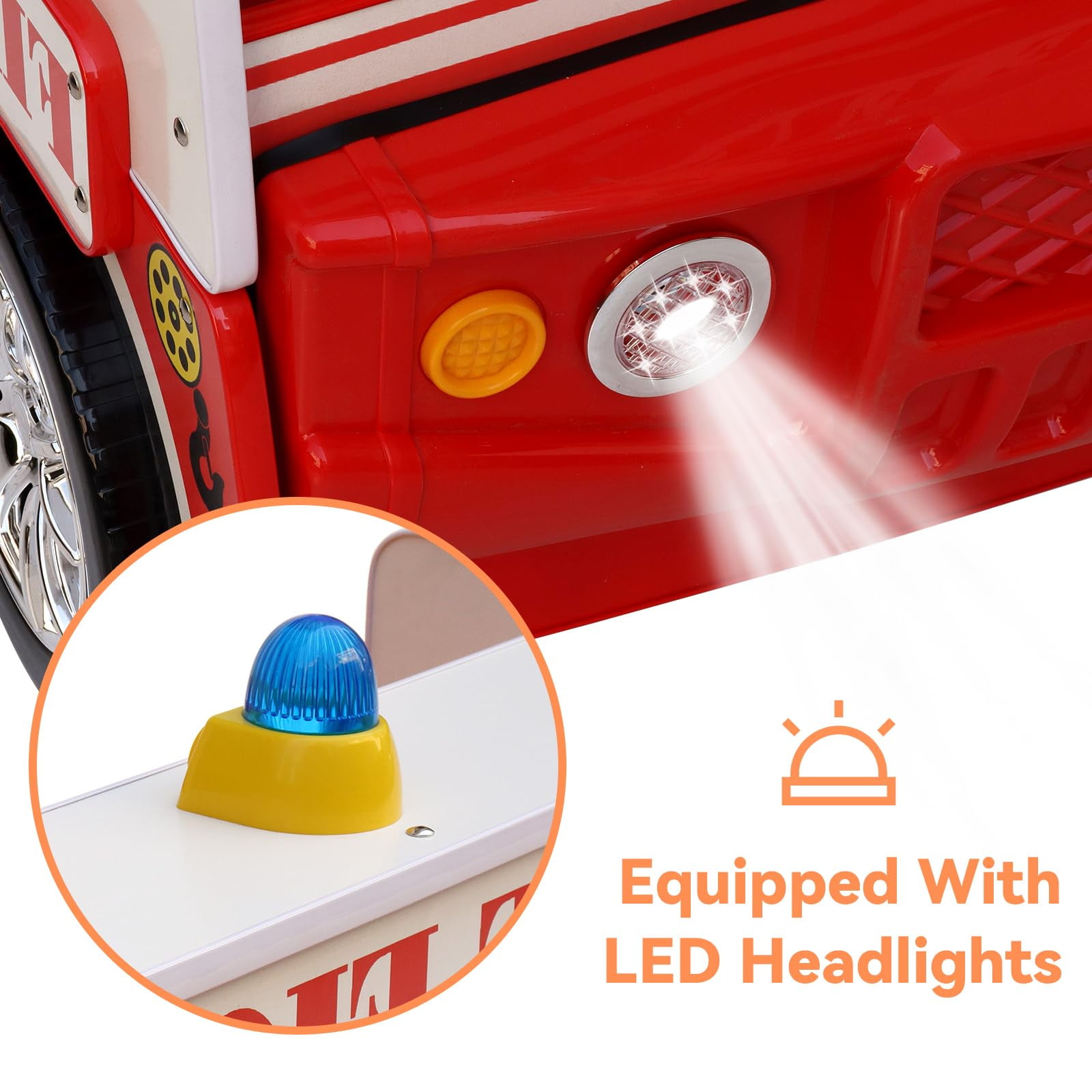 Twin Size Fire Truck Bed for Kids - Red Wooden Platform Frame with LED Lights, Wheels & Slat Support ,No Box Spring Needed