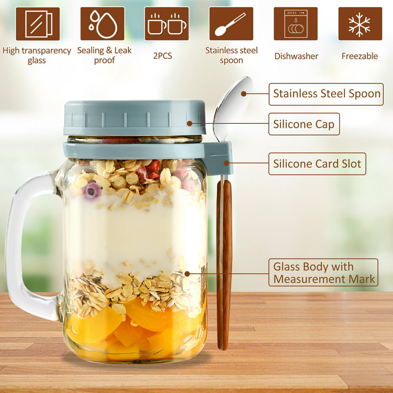 Overnight Oats Cup, Airtight Breakfast Cup, Overnight Oats Container with  Lid and Spoon, Glass Mason Jars for Overnight Oats, Leak Proof Oatmeal
