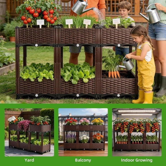 Rectangular Raised Garden Bed Kit Indoor Outdoor Plastic Planter Grow Box for Fresh Vegetables, Herbs, Flowers & Succulents, Brown, 47.2'' x 27.5'' x 15.7''