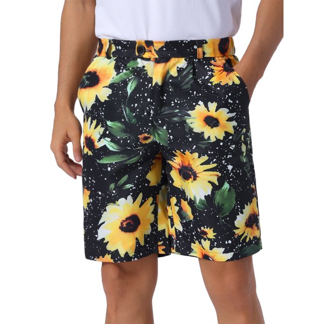 INSPIRE CHIC Floral Printed Shorts for Men's Flat Front Button Down Zipper Business Flower Pattern Shorts 28 Black