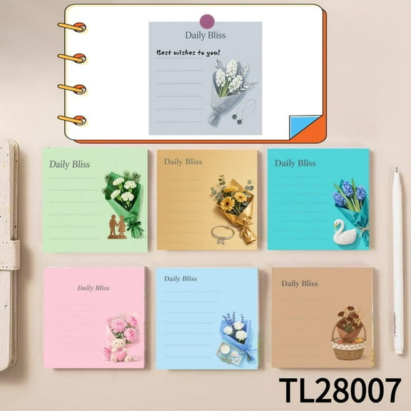 Romantic Flower - Themed Art on Daily Bliss Sticky Notes (3.54×3.54 Inches) 100-Pack with105 Emoticon Stickers, Strong Adhesive for All Your Note-Taking Needs, Quickly Jotting Down Reminders