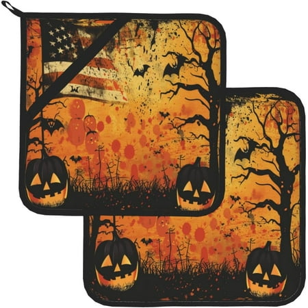

HPINK-T Funny Halloween Us Flag Pot Holder Set of 2 Pot Holders for Kitchen Heat Resistant Potholders pad Hot Pads for Kitchen for Cooking Grilling and Baking