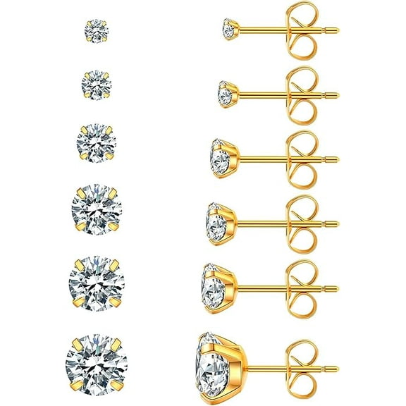 Xukmct 6 Pairs 14K Gold Plated 316L Stainless Steel Stud Earrings Round Cubic Zirconia Ear Stud for Women, Gold