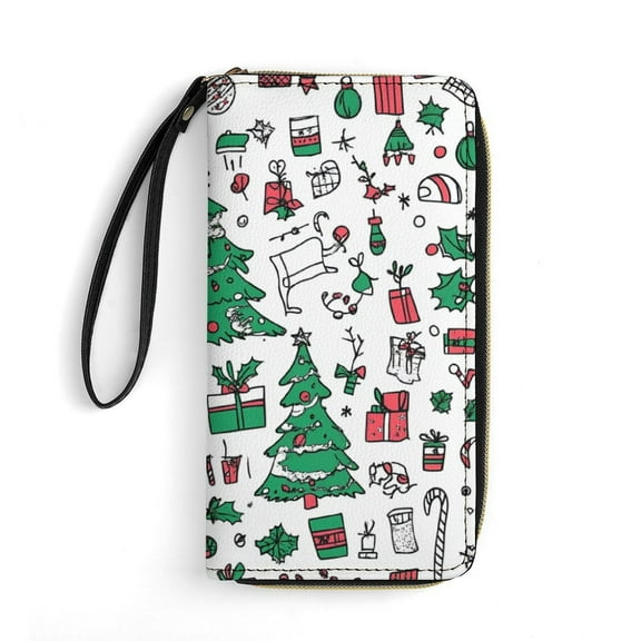 Womens Wallet Bifold Ladies Cluth Bag Wristlet Wrist Strap Long Purse Hohoho Christmas Doodle Set Design
