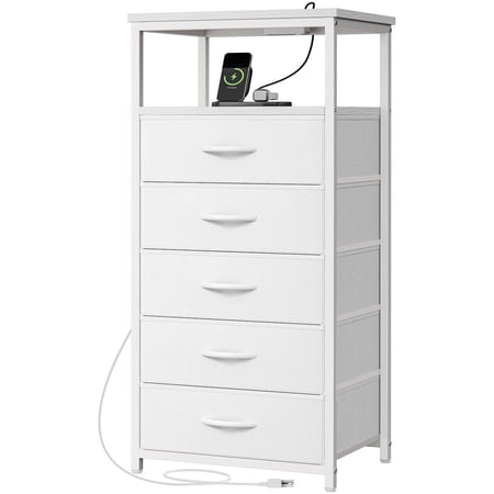 Huuger White Dresser with 5 Drawers & Charging Station, Tall Dresser for Bedroom, Tall Night Stand with PU Leather Finish, Open Shelf, Nightstand for Bedroom, Closet, Hallway, Entryway C33