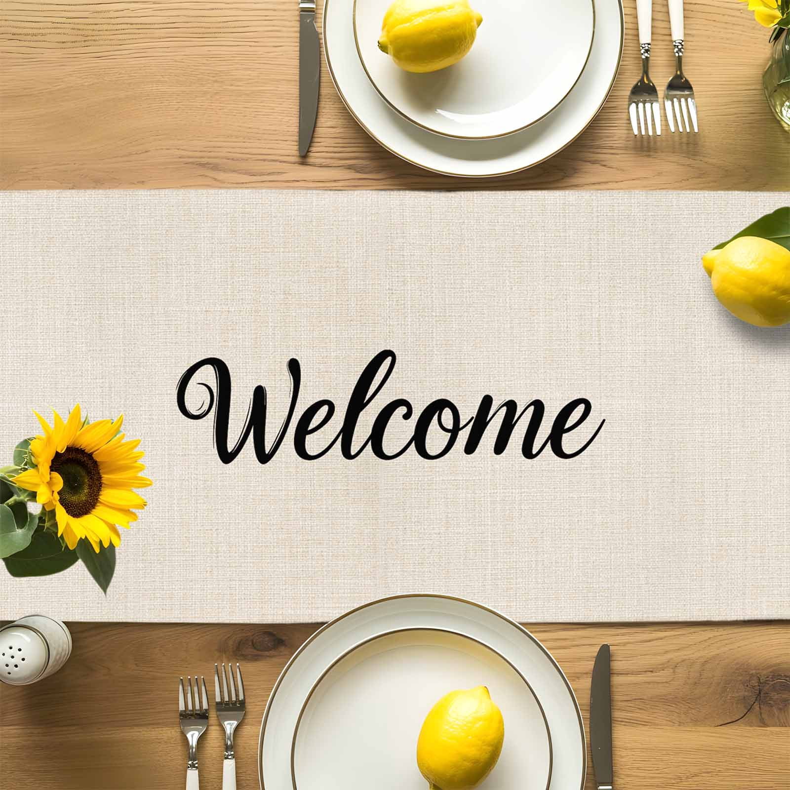 Vintage Sunflower Butterfly on Linen Table Runner 90 Inches Long, Welcome Seasonal Floral Bow Table Runners Tabletop Scarf Kitchen Dining Tables Decoration for Home Party Indoor Outdoor
